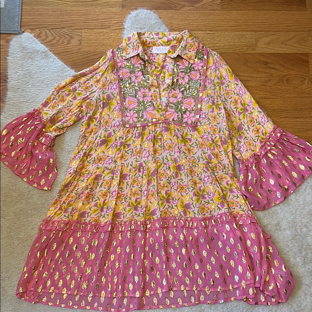 NWOT Miss June Paris Floral Pink and Yellow Boho Dress Sz. M/L